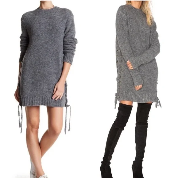 Lovers + Friends | Gray Sweater Dress Lace-up Side Ties - Picture 1 of 9